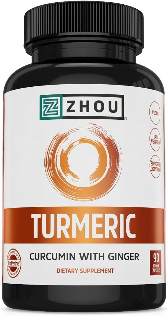 Zhou Turmeric Curcumin with Ginger - Turmeric and Ginger Supplement for Women and Men, Curcuminoids with Black Pepper Extract for Digestive and Digestive Health - 90 Κάψουλες Veggie