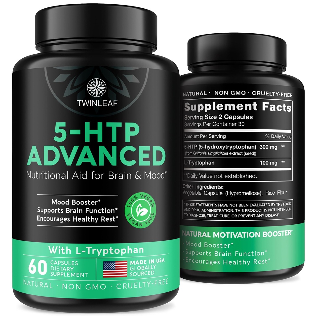 5 HTP Supplement for Mood Support - Made in USA - Natural Manganese & L-tryptophan Capsules - 5-HTP Booster for Men & Women - Proprietary Formula for Mood and Relaxation - 60 Vegan Capsules