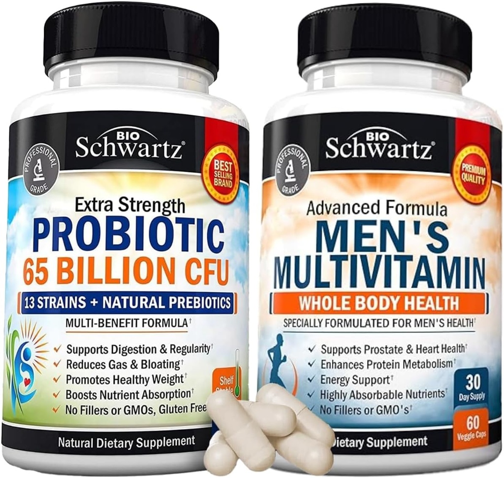 Advanced Daily Men's Multivitamin with Vitamin C A B D3 E and Zinc (1 Μήνας Προσφορά) Plus 65 Billion CFU Daily Probiotic Supplement (1 Μήνας Προμήθεια)