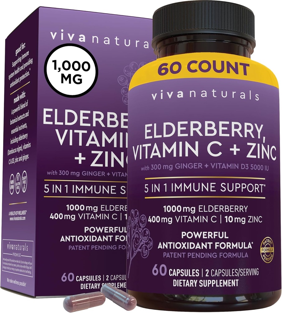 Viva Naturals Black Elderberry with Vitamin C and Zinc for Adults (60 Count) - Sambucus Elderberry Immune Support Supplement, Black Elderberry Capsules for Adults, Elderberry Συμπληρώματα για Γυναίκες