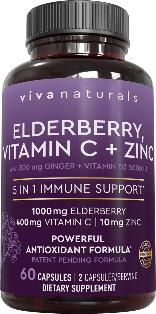 Viva Naturals Black Elderberry with Vitamin C and Zinc for Adults (60 Count) - Sambucus Elderberry Immune Support Supplement, Black Elderberry Capsules for Adults, Elderberry Συμπληρώματα για Γυναίκες
