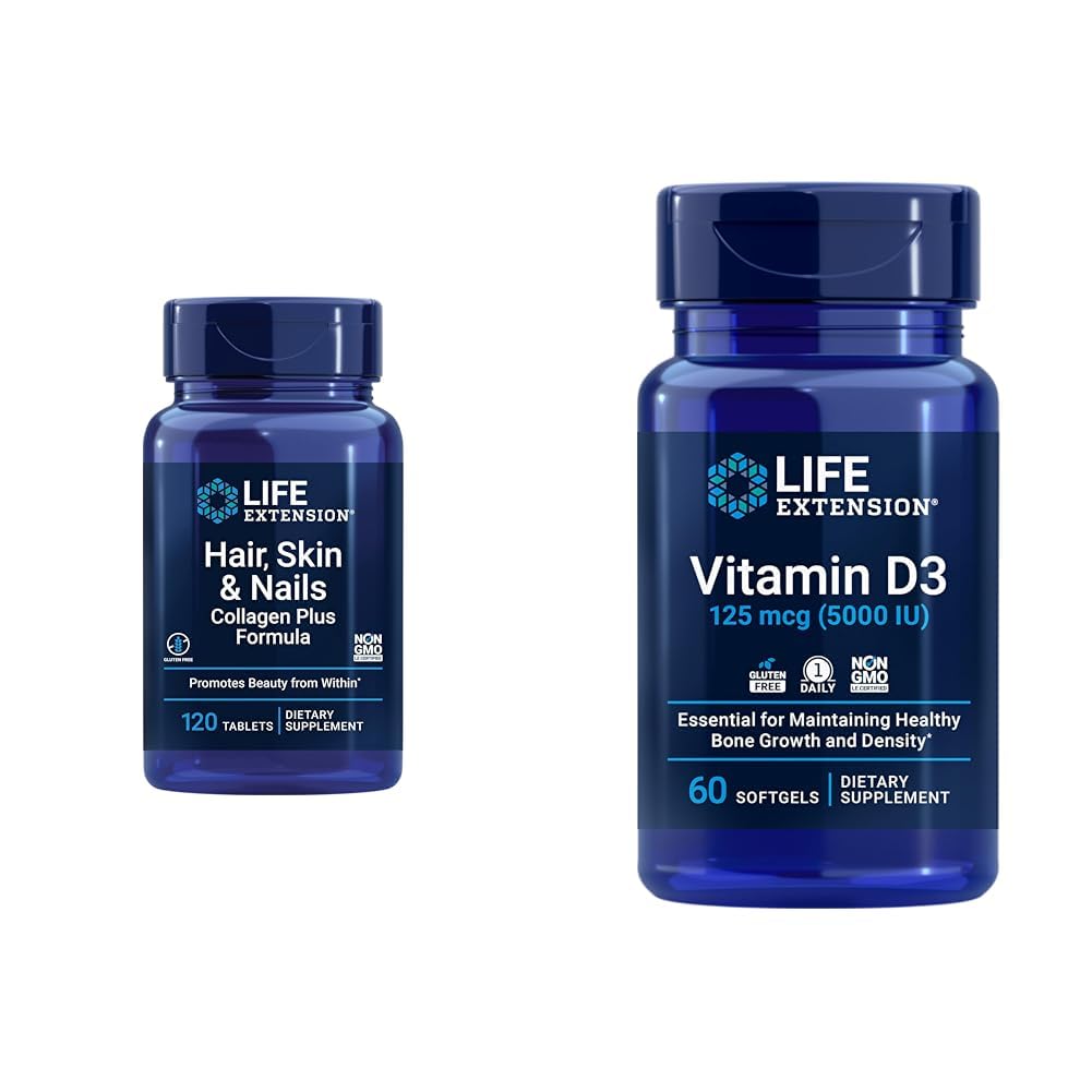 Life Extension Hair, Skin & Nails Collagen Plus Formula with Vitamin D3 5000 IU - Promotes Collagen, Keratin, Bone, Brain, Immune & Nail Health - 120 Count & 60 Softgels