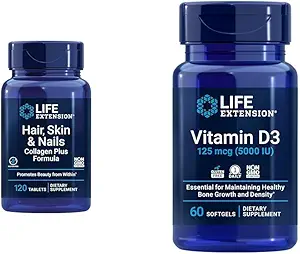 Life Extension Hair, Skin & Nails Collagen Plus Formula with Vitamin D3 5000 IU - Προάγει το κολλαγόνο, την κερατίνη, τα οστά, τον εγκέφαλο, το ανοσοποιητικό και το νυχιών υγεία - 120 Count & 60 Softgels