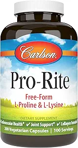 Carlson - Pro-Rite, Free-Form L-Proline & L-Lysine, Υγεία, Κοινή Υποστήριξη & Σχηματισμός Κολλαγόνου, 200 Κάψουλες