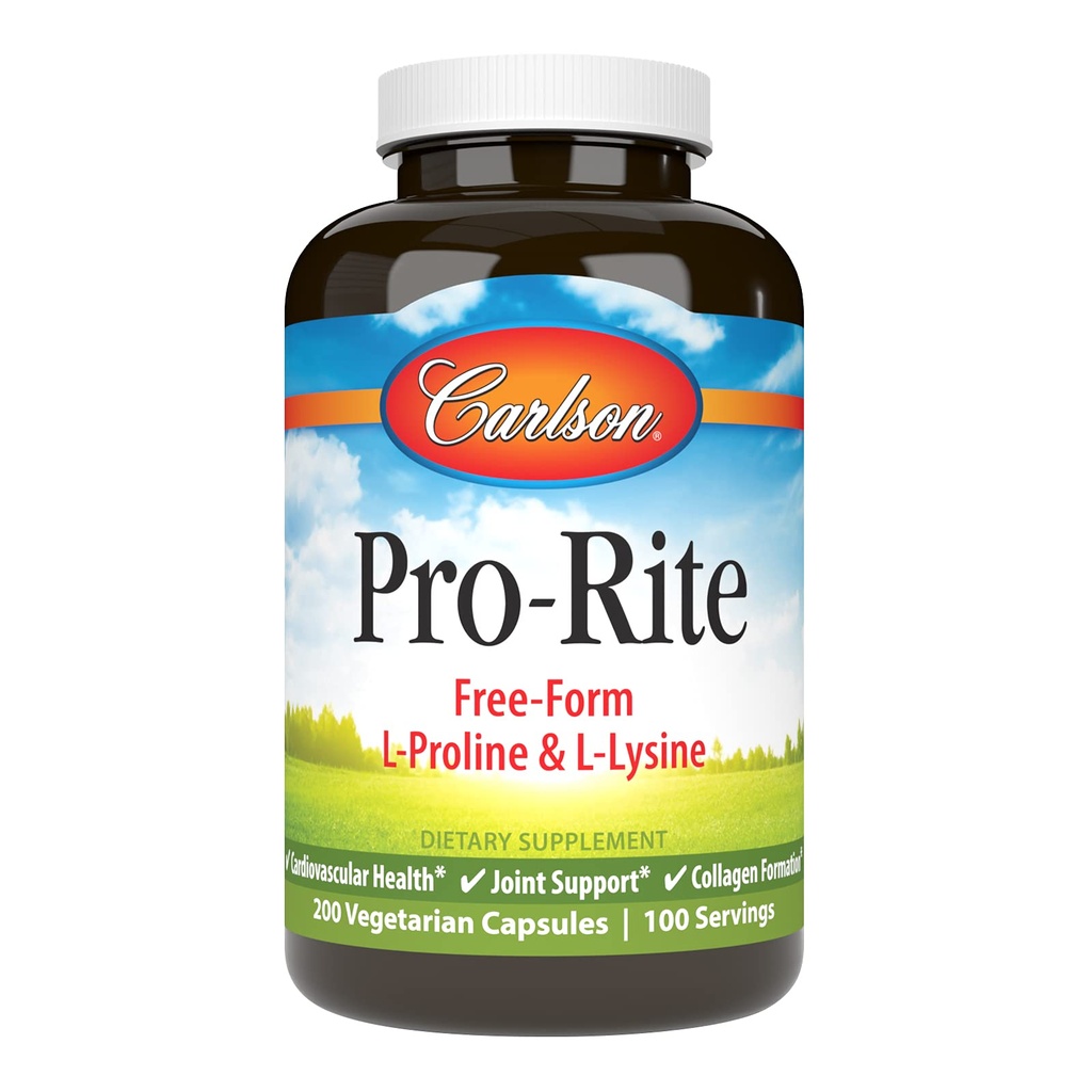 Carlson - Pro-Rite, Free-Form L-Proline & L-Lysine, Health, Joint Support & Collagen Formation, 200 Capsules