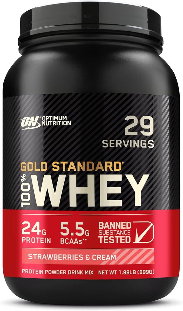 Optimum Nutrition Gold Standard 100% Whey Protein Powder, Φράουλες & Κρέμα, 2 Λίρες (Packaging May Vary)
