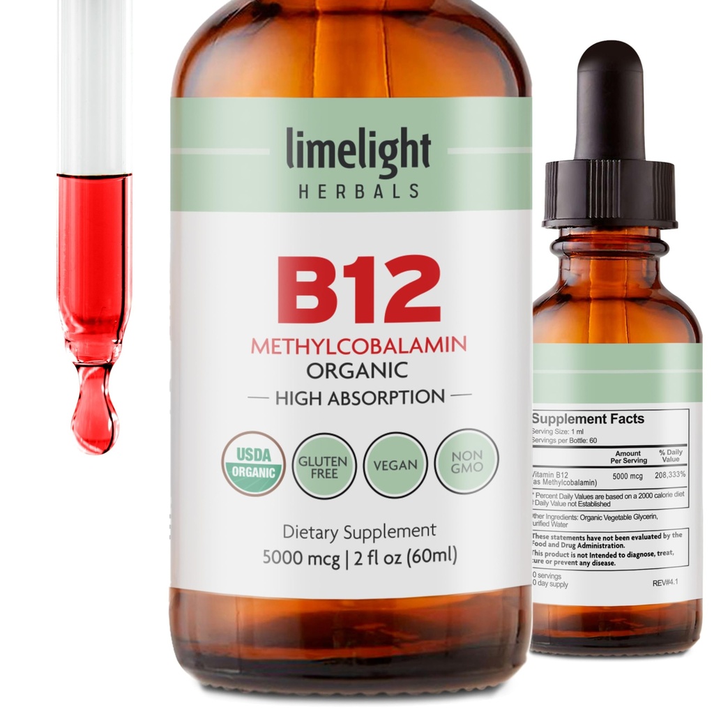 USDA Organic Vitamin B12 Liquid Drops – 5000 mcg Methylcobalamin – Υπογλώσσια, Fast-Absorbing Vegan συμπλήρωμα – Ενέργεια, Μεταβολισμός, εγκέφαλος, καρδιά & ανοσοποιητική υποστήριξη – Χωρίς αλκοόλ, 60 υπηρεσίες, ΗΠΑ
