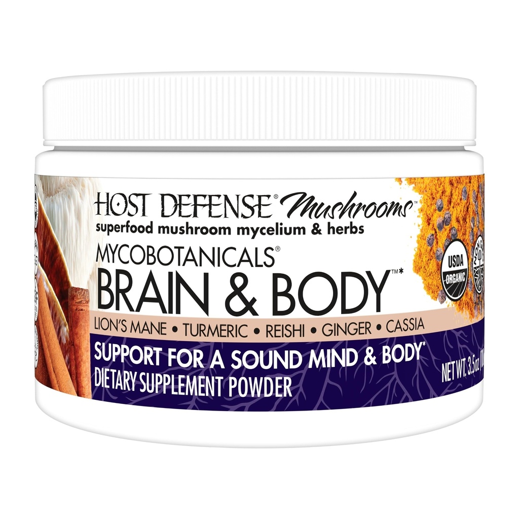 Host Defense MycoBotanicals Brain & Body* Powder - Digestive & Immune Support Supplement with Lion's Mane & Reishi Mushroom - Συμπλήρωμα εγκεφάλου για υποστήριξη μνήμης & εστίασης - 3,5 oz (33 Servings)*