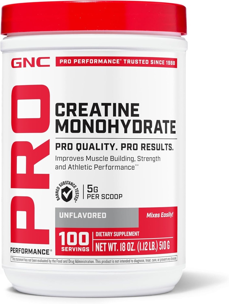 GNC Pro Performance Creatine Monohydrate Powder for Women & Men, 5g Creatine Per Serving, Muscle Building, Energy Production, Endurance, Performance, 100 Services