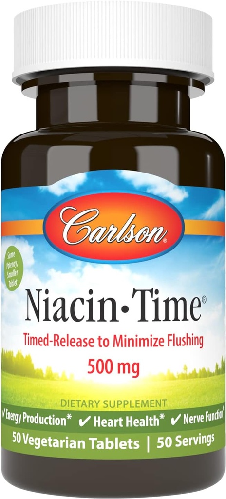 Carlson - Niacin- Time, Time- Release, 500 mg, Βιταμίνη B-3, Χοληστερόλη Μεταβολισμός, Παραγωγή Ενέργειας, Υγεία Καρδιάς, 50 δισκία