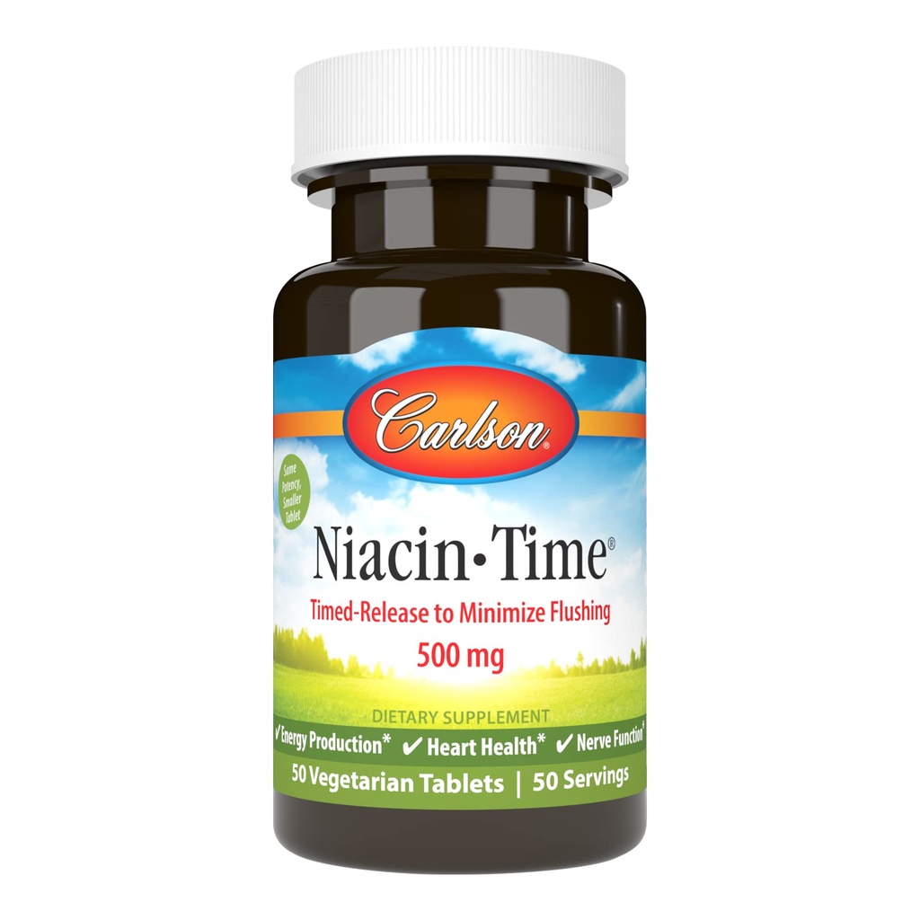 Carlson - Niacin- Time, Time- Release, 500 mg, Βιταμίνη B-3, Χοληστερόλη Μεταβολισμός, Παραγωγή Ενέργειας, Υγεία Καρδιάς, 50 δισκία