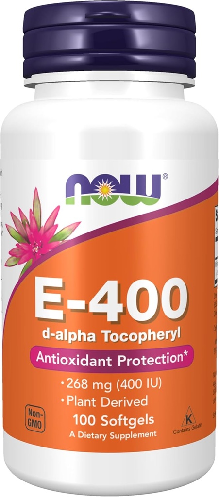 NOW Συμπληρώματα, Βιταμίνη E-400 IU, D-Alpha Tocopheryl, Αντιοξειδωτική Προστασία, Softgels, 100 Count (Pack of 1)