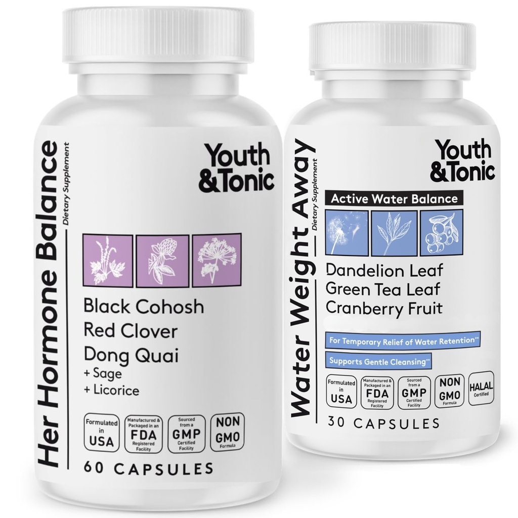Youth & Tonic PMS & Menopause Bloating Relief Duo – Support for Puffiness, Hormonal Balance & Fluid Retention – Her Hormone Balance + Water Weight Away Natural Herbs for Women, 90 Capsules