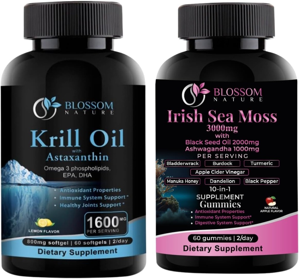 Λάδι κριλ Ανταρκτικής 1600mg με Ασταξανθίνη 2mg και Ιρλανδική Θάλασσα Moss Gummies 3000mg με Μαύρο Λάδι Σπόρου και Ashwagandha 2000mg