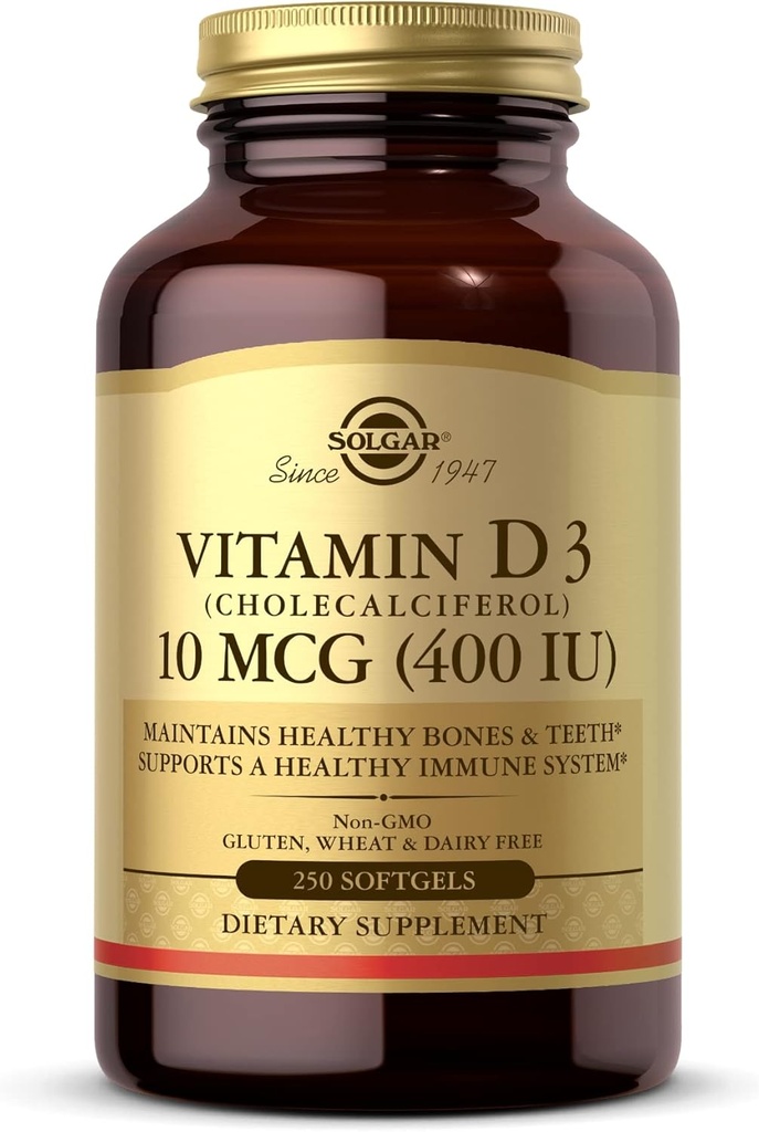 Solgar Vitamin D3 (Cholecalciferol) 10 MCG (400 IU), 250 Softgels - Βοηθά στη διατήρηση των υγιών οστών & δοντιών - Υποστήριξη ανοσοποιητικού συστήματος - Μη ΓΤΟ, Χωρίς γλουτένη, Χωρίς γαλακτοκομικά - 250 Σερβιέτες