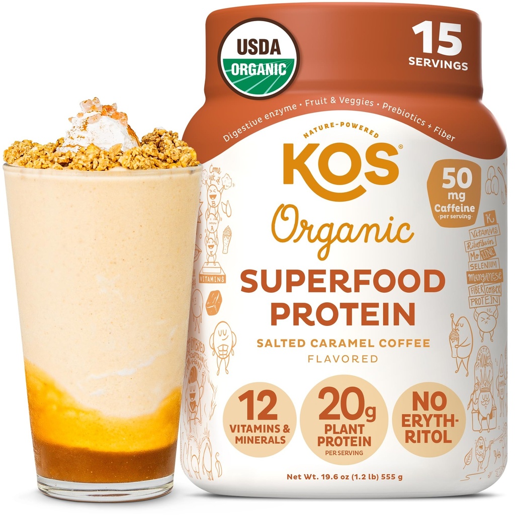 KOS Vegan Protein Powder, Alted Caramel Coffee - Μείγμα πρωτεΐνης χαμηλής περιεκτικότητας σε καρυκεύματα, Βιολογικό φυτό Superfood Πλούσιο σε Βιταμίνες & Ορυκτά - Κέτο, Χωρίς γαλακτοκομικά - Αντικατάσταση γεύματος για γυναίκες & άνδρες - 15 Σερβιέτες
