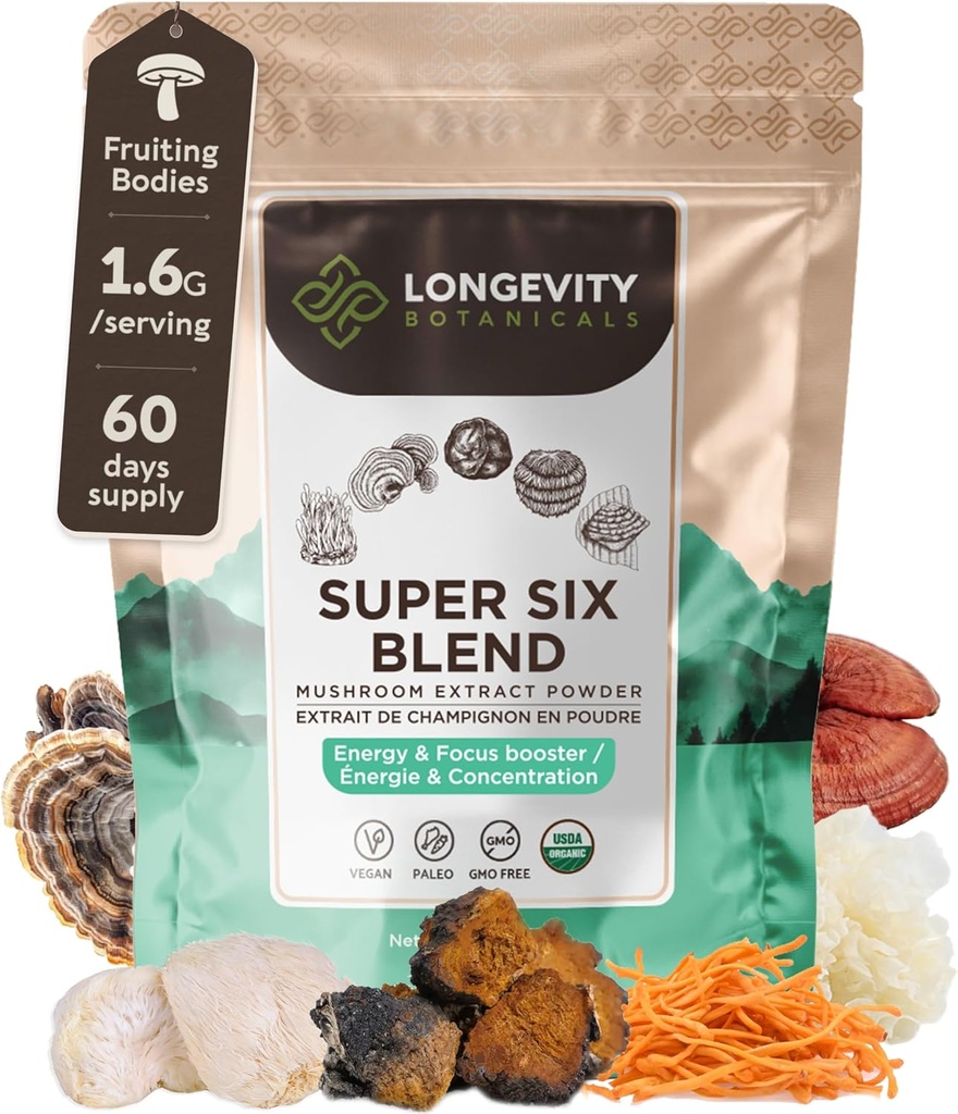 Longevity Botanicals Super Six Organic Mushroom Blend 100g 