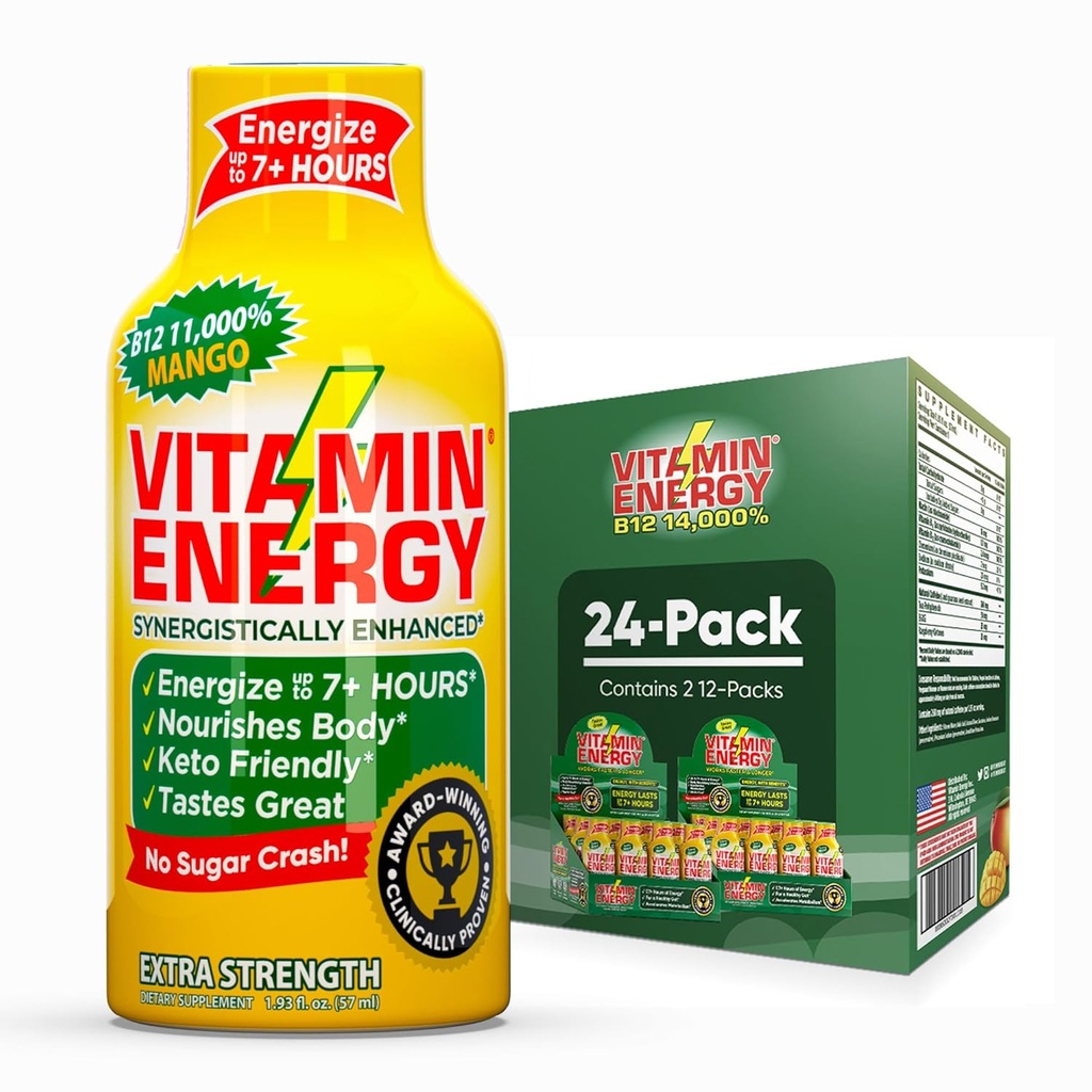 Vitamin Energy B12 11,000% Extra Strength Energy Shot Mango 24 Pack, 260mg Φυσική καφεΐνη, B12 & B6, Nootropic Focus, Vitality, Zero Sugar, Gluten-Free, Vegan, Kosher, 1.93 fl oz