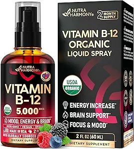 USDA Βιολογική Βιταμίνη Β12 Υπογλώσσιο Spray - 5000 mcg Υγρό Vegan Μεθυλοκοβαλαμίνη για γυναίκες & άνδρες - Ενέργεια Ενισχύστε, Εστίαση & Mood, Υποστήριξη για την Υγεία του εγκεφάλου - Μεγιστοποίηση Απορρόφησης - 2 Μήνες Προσφορά, 2 fl oz