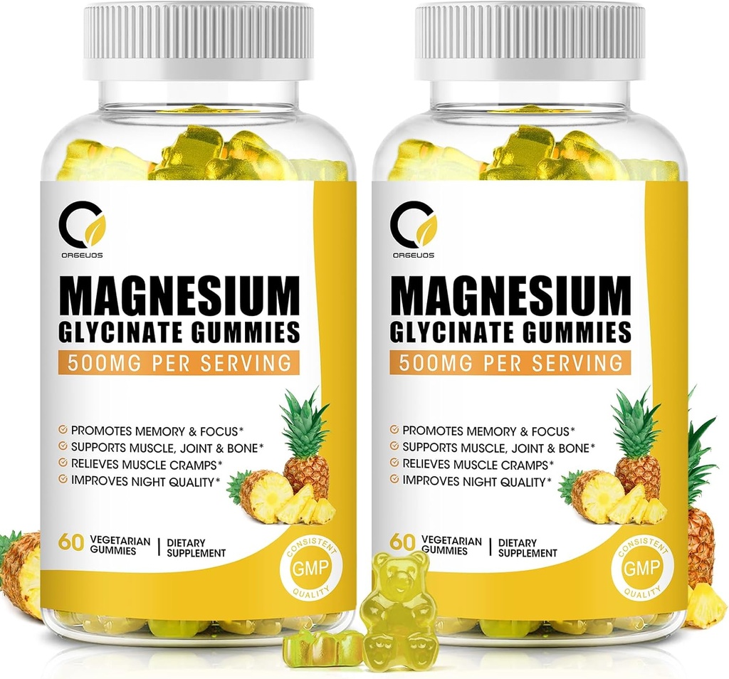 (2 Συσκευασία) Γλυκινικό Μαγνήσιο Glycinate Gummies 500mg, Συμπλήρωμα Μαγνησίου Υψηλής Απορρόφησης με Ασβέστιο & Βιταμίνες, Οστό Στήριξης, Μυς, Νύχτα, Μνήμη & Τάση, Vegan, Μη ΓΤΟ, 60 Κόμμες, Ανανάς Γεύση