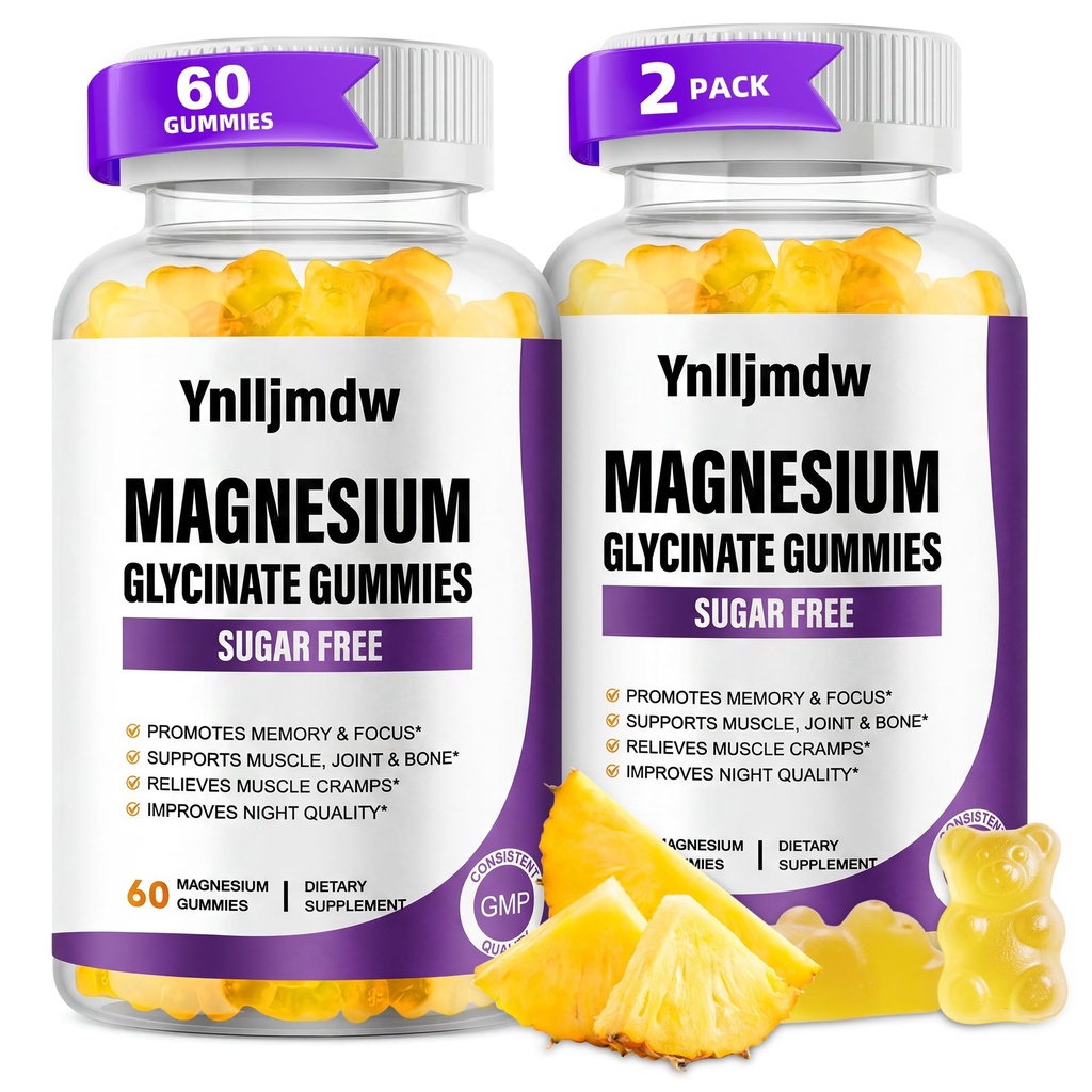 (2 Συσκευασία) Γλυκινικό Μαγνήσιο Glycinate Gummies 500mg, Συμπλήρωμα Μαγνησίου Υψηλής Απορρόφησης με Ασβέστιο & Βιταμίνες, Οστό Στήριξης, Μυς, Νύχτα, Μνήμη & Τάση, Vegan, Μη ΓΤΟ, 60 Κόμμες, Ανανάς Γεύση