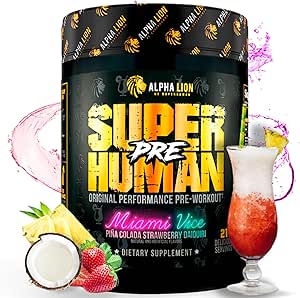 ALPHA LION Superhuman Preworkout Powder, Beta Alanine, L-Taurine & Tri-Πηγή Καφεΐνη για Παρατεταμένη Ενέργεια & Εστίαση, Nitric Oxide & Citrulline για Αντλία (21 Servings, Miami Vice)