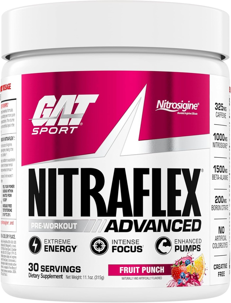 GAT SPORT Nitraflex Advanced Pre-Workout Powder, αυξάνει τη ροή του αίματος, ενισχύει τη δύναμη και την ενέργεια, βελτιώνει την απόδοση της άσκησης, άνδρες και γυναίκες (Fruit Punch, 30 εξυπηρετούν)