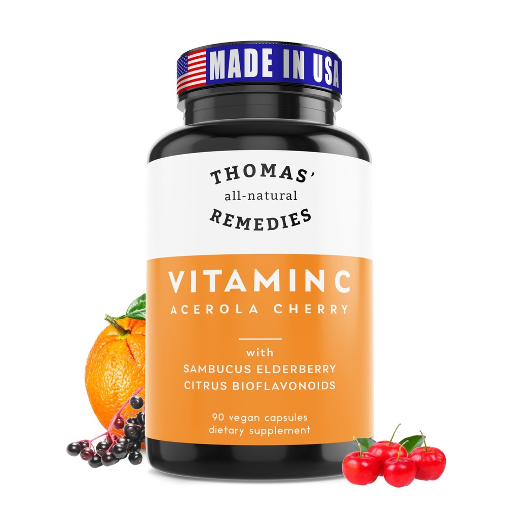 Thomas' all-natural Remedies Vitamin C with Organic Elderberry, Organic Citrus Bioflavonids - Ολόκληρο το συμπλήρωμα διατροφής - Μη ΓΤΟ - Ακατέργαστη Vegan - 90 κάψουλες
