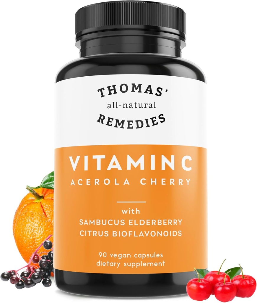 Thomas' all-natural Remedies Vitamin C with Organic Elderberry, Organic Citrus Bioflavonids - Whole Food Supplement - Non-GMO - Raw Vegan - 90 Capsules