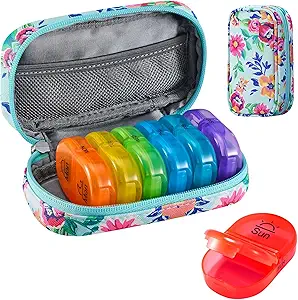Serfeymi Weekly Travel Pill Organizer 2 φορές A Day AM PM Αναβάθμιση Rainbow Pill Box 7 Day with Portable Zipper PU Leather PU Hill Case, Medicine Organizer for Pills, Vitamins, Fish Oils - Green-01