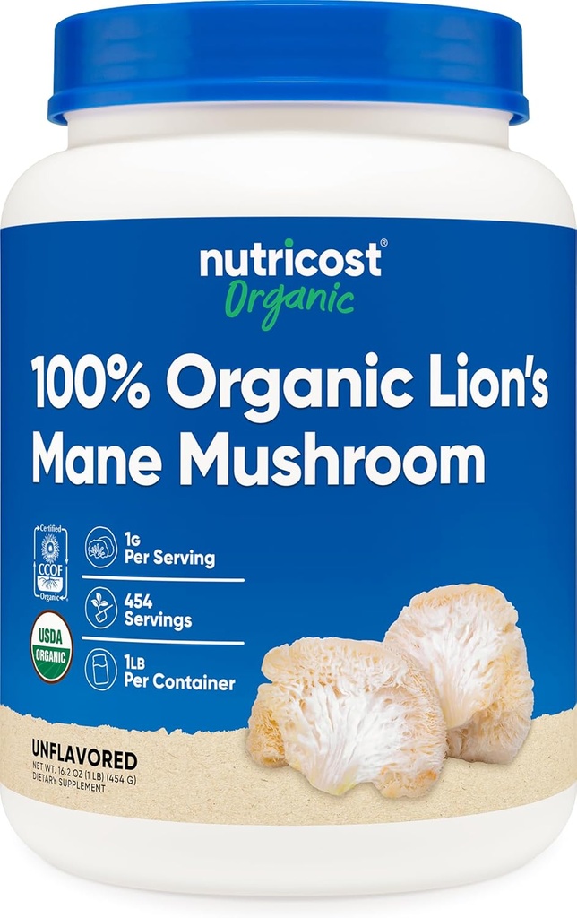 Nutricost Organic Lion's Mane Mushroom Powder 1LB - Certified USDA Organic