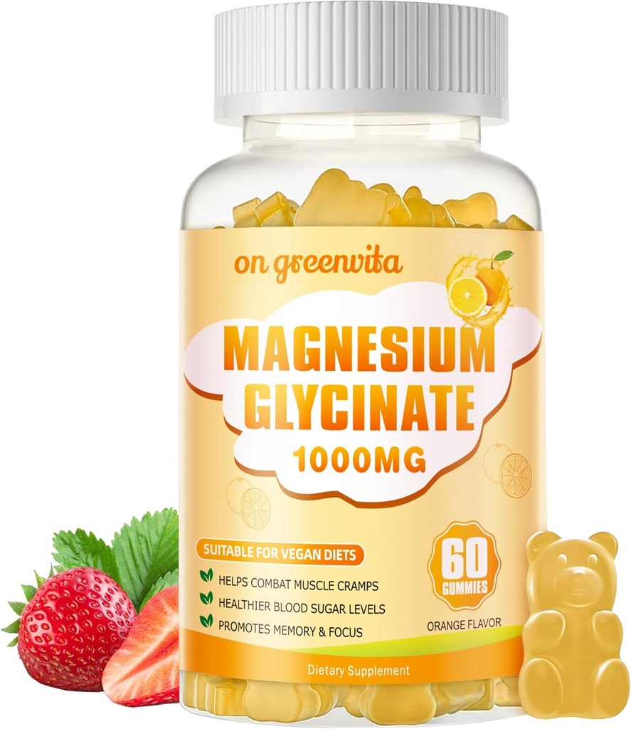 Μαγνήσιο Γλυκινικό Gummies 1000mg - Συμπλήρωμα μαγνησίου χωρίς ζάχαρη με βιταμίνη D, B6, CoQ10 για υποστήριξη ηρεμίας & ύπνου - 60 Orange Gummies