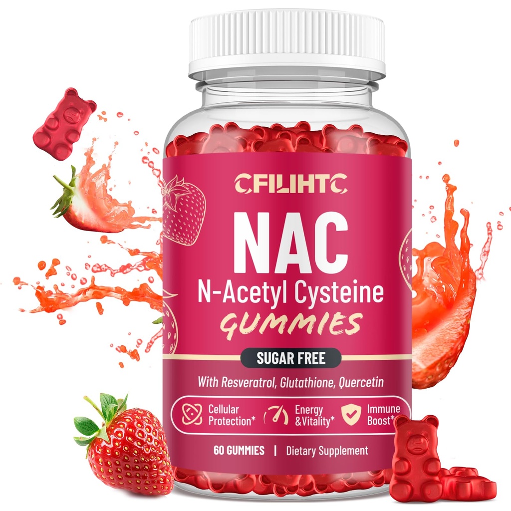 CFILIHTC NAC Gummies 600mg, N Acetyl Cysteine συμπλήρωμα με γλουταθειόνη, ρεσβερατρόλη, μαγνήσιο, CoQ10, NAC Chewable για αντιοξειδωτικά & ανοσοποιητική υποστήριξη, Φράουλα Γεύση 60 Gummies