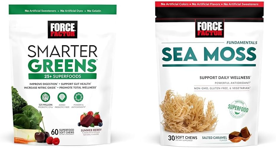 FORCE FACTOR Πράσινα μάσημα με 25+ Superfoods & Sea Moss Chews, 60 & 30 Count