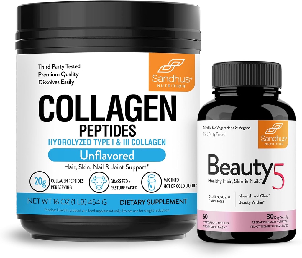 Sandhu's Grass-Fed Collagen Peptides Powder & Beauty 5 Κάψουλες