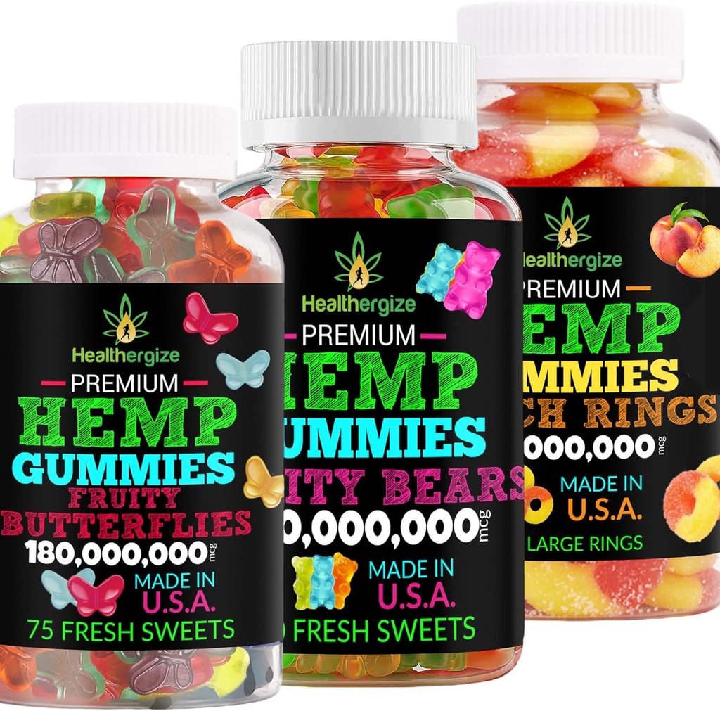 3PACK Hemp Gummies Premium-Hempoil Gummy Bears, Πεταλούδες Φρούτων και Φρέσκα Ροδάκινα Δαχτυλίδια-για τον ύπνο, την ηρεμία, την ηρεμία, τους μυς, την πλάτη, τη δυσφορία, Φλεγμονή-Φυσικό Κόμμα-Made στις ΗΠΑ
