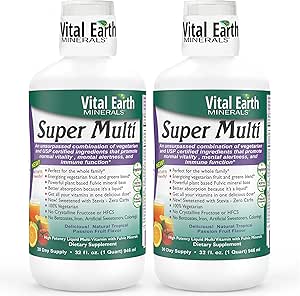 Vital Earth Minerals Super Multi 2-Pack – Liquid Multivitamins for Women, Men & Kids, Liquid Vitamins with Fulvic Acid for Better Absorption, MTHFR Support, 32 Oz Ea + 1 Oz Cup
