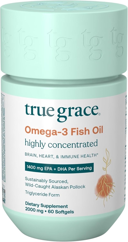 True Grace Omega-3 Fish Oil - 60 Softgels - 1400 mg EPA + DHA - Brain, Heart, Joint & Immune Health - Organic, Gluten Free, Soy Free