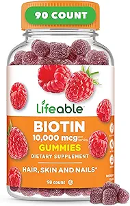 Lifeable Biotin Gummies | 10,000mcg | Great Tasting Hair Skin and Nails Gummies | GMO-Free Vegan Biotin Supplement | Hair Skin and Nails Vitamins for Women | 90 Gummies