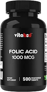 Folic Acid 1 mg (1000 mcg) (Vitamin B9) - 500 Vegetarian Tablets - an Essential Prenatal and Postnatal Vitamin