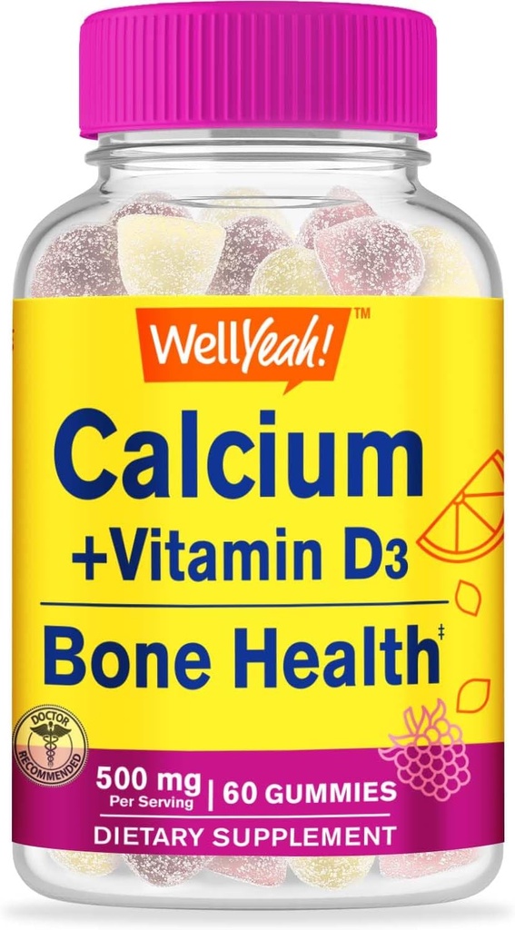 WellYes Calcium 500mg + Βιταμίνη D3 1000 IU (25 mcg) Gummies - Υγεία των οστών και μυών Supprt, Ανοσοποιητική υποστήριξη Gummy, μη ΓΤΟ, Χωρίς γλουτένη, Μίξη Γεύσης Φρούτων - 60 Gummies