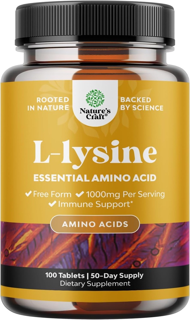 L Lysine 1000mg Free Form - High Strength L-Lysine Supplement for Eye Health Lip Care Collagen Synthesis and Immune Support - Essential Amino Acid Vegan Non- GMO 1000mg per Serving - 100 Tablets