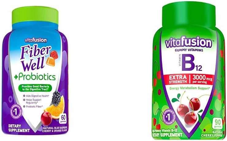 Vitafusion Fiber Well + Προβιοτικά Gummies για ενήλικες 60 Count Extra Strength Βιταμίνη Β12 Gummy Βιταμίνες για την ενέργεια Υποστήριξη Μεταβολισμού 90 Count