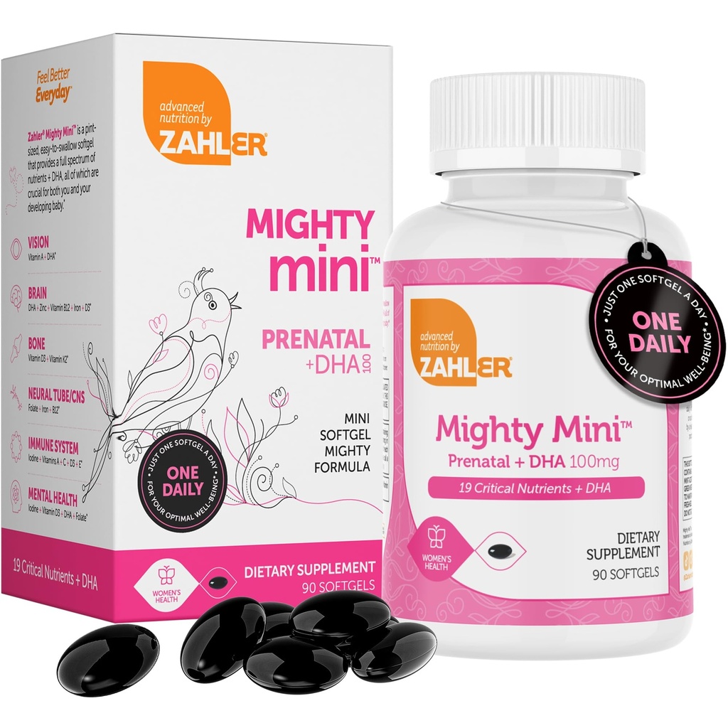 Zahler Mighty Mini Προγεννητική Βιταμίνη με DHA & Folate - Certified Kosher - Όλες Φυσικές Προγεννητικές Βιταμίνες - Πολυβιταμίνη για Έγκυες Γυναίκες - 19 Προγεννητικές Βιταμίνες Συμπεριλαμβανομένου Φολικό οξύ (90 Softgels)