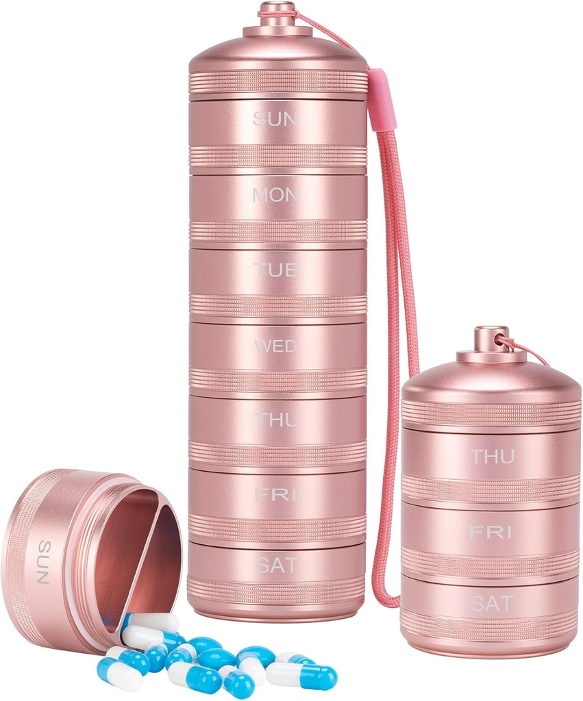 XHT Pink Weekly Metal Pill Organizer 7 Day 2 Times a Day – Αισθητικό Αδιάβροχο AM Travel Pill Box, Heavy Duty Pill Holder και Medicine Pill Organizer για Βιταμίνες, ιχθυέλαιο & Συμπληρώματα