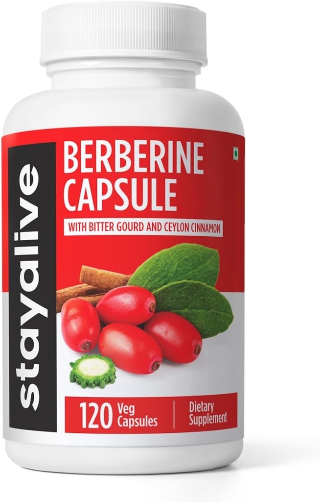STAY ALIVE Premium Βερβερίνη με Ceylon Cinnamon, 3-σε-1 Complex με Berberine HCL 1200mg & Bitter Gourd Extract, 120 κάψουλες, Extra Strength Powder, Non-GMO & Gluten-free Συμπλήρωμα