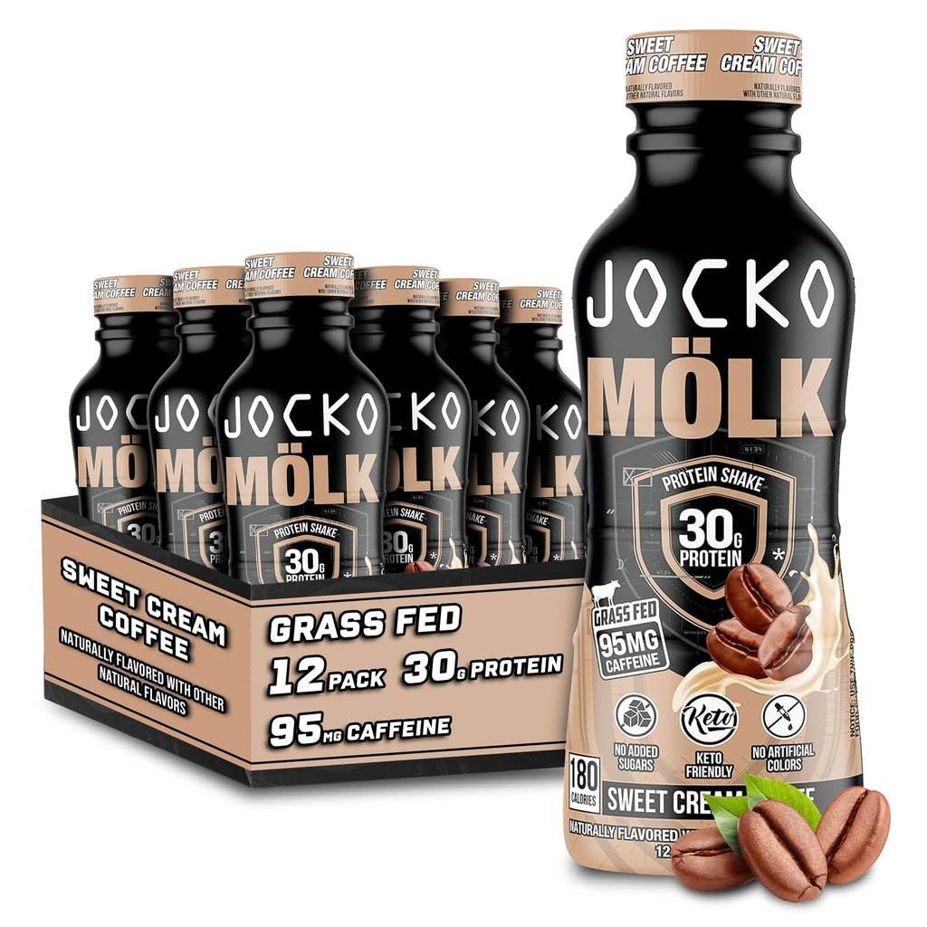 Jocko Fuel Mölk 30g Grass Fed Protein Shakes - No Added Sugar Protein Drinks KETO Friendly - Ready to Drink 12 FL Oz (Pack of 12) Sweet Cream Coffee