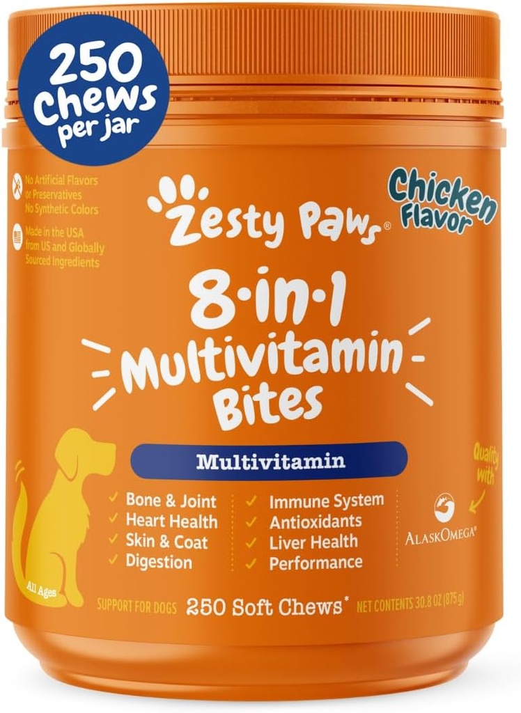 Zesty Paws Σκύλος πολυβιταμίνη, μασώμενα σκυλιά βιταμίνες και συμπληρώματα για χιπ & αρθρώσεις, δέρμα & παλτό, Ωμέγα 3 ιχθυέλαιο για σκύλους - Senior & κουτάβι πολυβιταμίνη - Κοτόπουλο- 250ct
