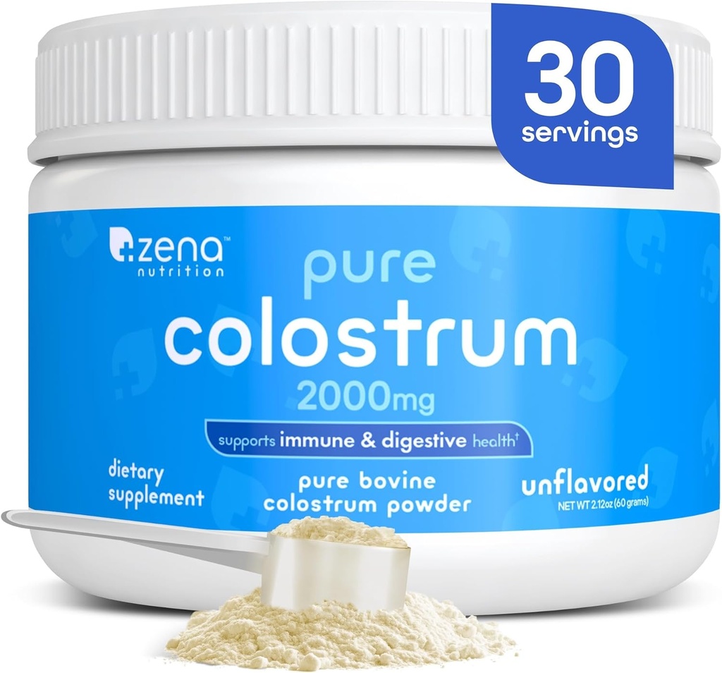 Zena Nutrition Bovine Colostrum Powder Supplement, 2000mg Pure Colostrum, Υποστηρίζει την Ανοσοποιητική και Πειθαρχική Υγεία, Προάγει την Υγεία των Ούρων, Keto, Χωρίς Γλουτένη, Λίπος Δωρεάν, Grass Fed, Άγευστη, 30 Υπηρεσίες