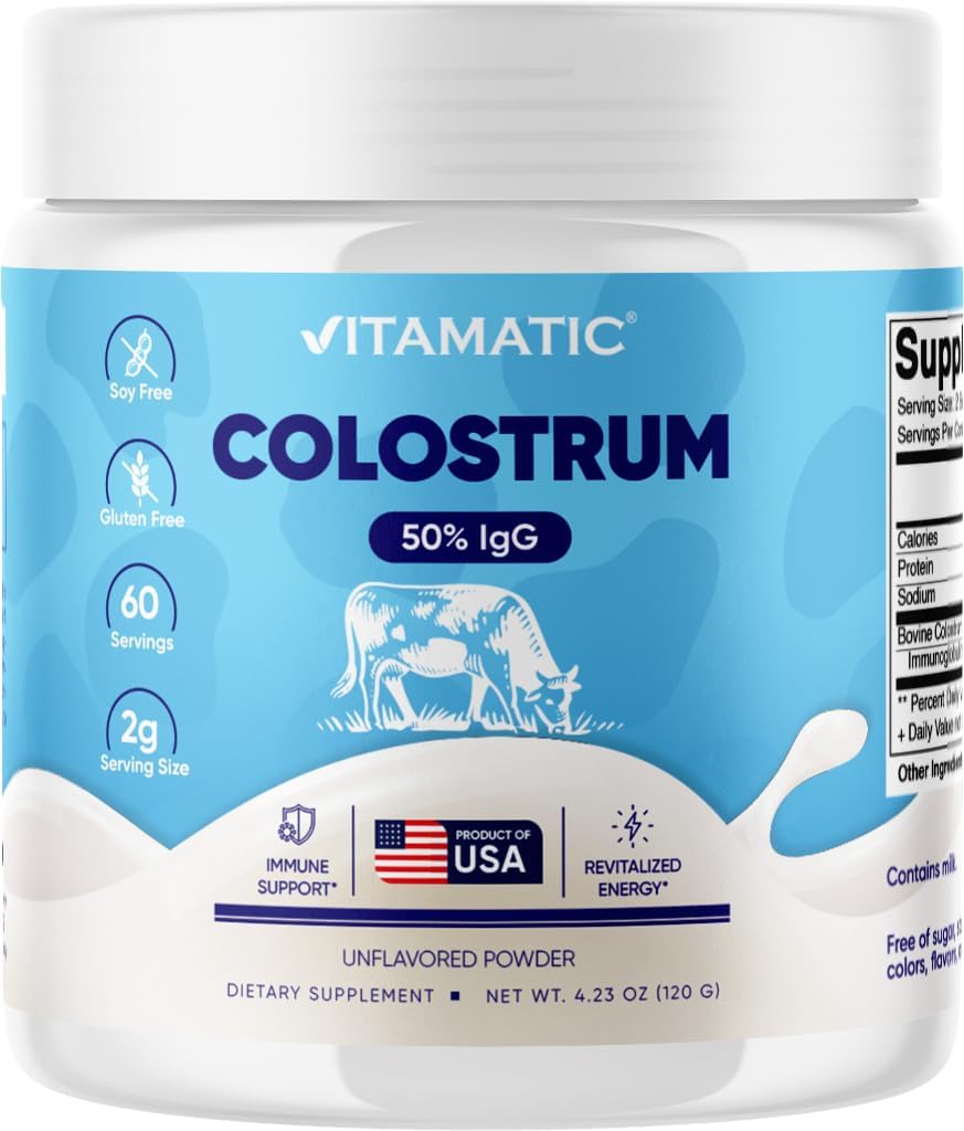 Vitamatic Bovine Colostrum Powder - 50% Highest IgG -120 Gram - Συμπλήρωμα για την υγεία των ούλων, την ανάπτυξη των μαλλιών, την ομορφιά, την αποκατάσταση των μυών, & την ανοσοποιητική υποστήριξη - εύκολο να αναμειχθεί - Άγευστο - 60 εξυπηρετήσεις